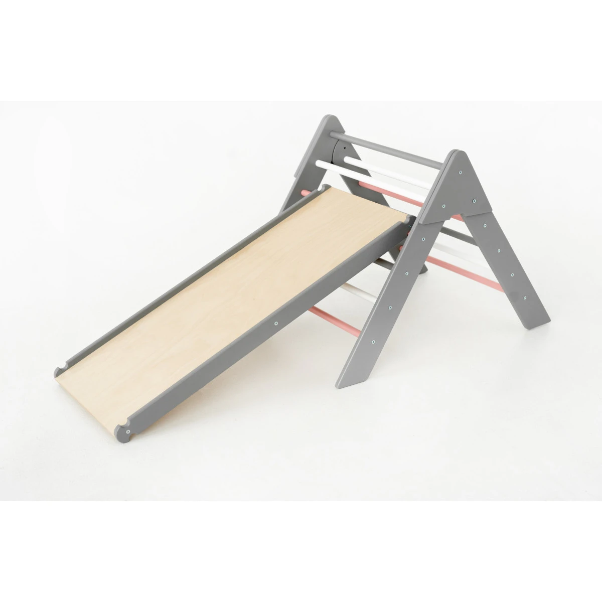 Luna Toys Colorful Grijs/Roze Houten Klimrek Met Glijbaan LU-00544 - Afbeelding 2